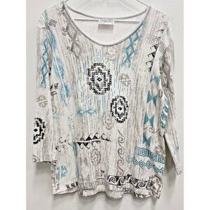Cactus Womens Aztec Southwest Top Large White Blue Embellished 3/4 Sleeve Casual
